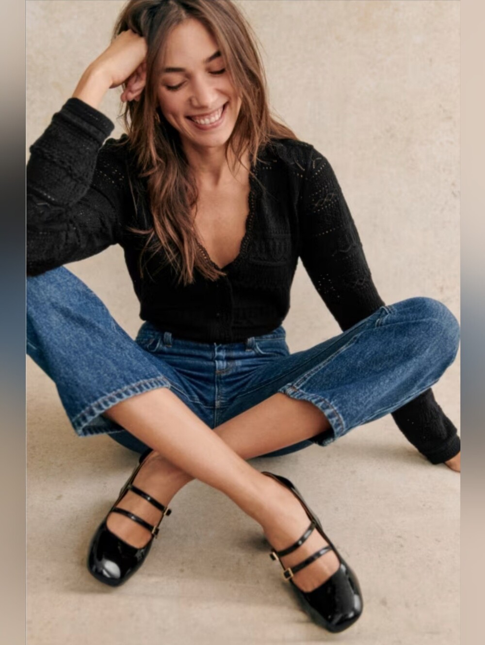 Sezane Keyla Black Cotton Pointelle Knit Cardigan Sweater Top Size XXS